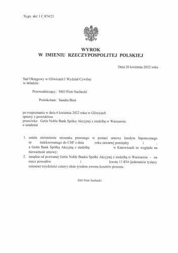Wyrok frankowy Getin Noble Bank Gliwice