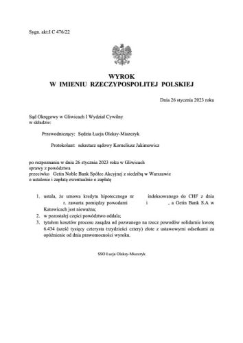 Wyrok frankowy Getin Noble Bank Gliwice