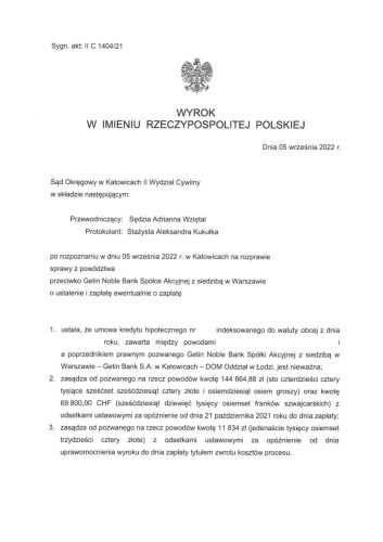 Wyrok frankowy Getin Noble Bank Katowice