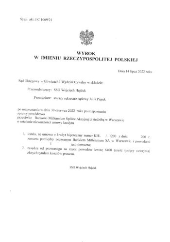 Wyrok frankowy Millennium Gliwice