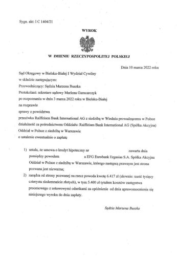 Wyrok frankowy Raiffeisen Bank Bielsko-Biała