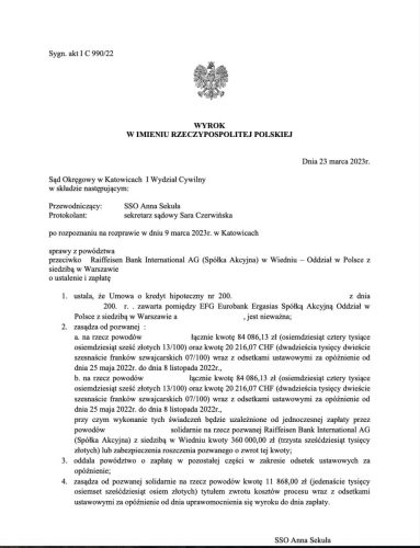 Wyrok frankowy Raiffeisen Katowice