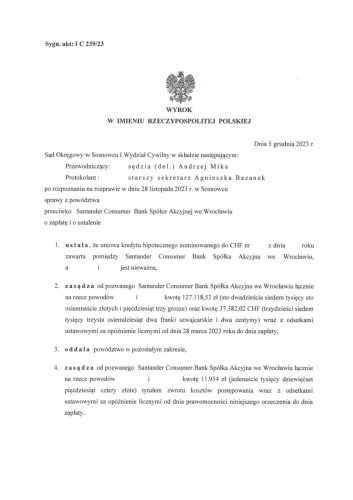 Wyrok frankowy Santander Sosnowiec