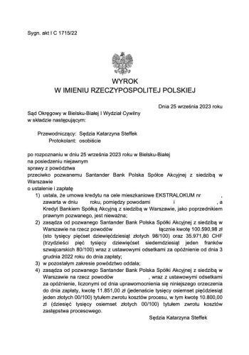 wyrok frankowy Santander Bielsko-Biała