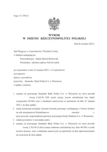 wyrok frankowy Santander Częstochowa