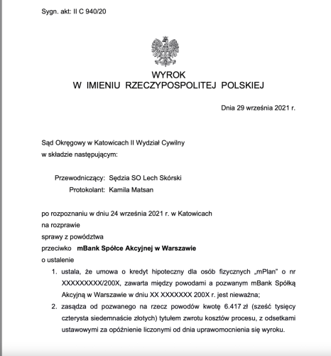 wyrok frankowy mBank katowice